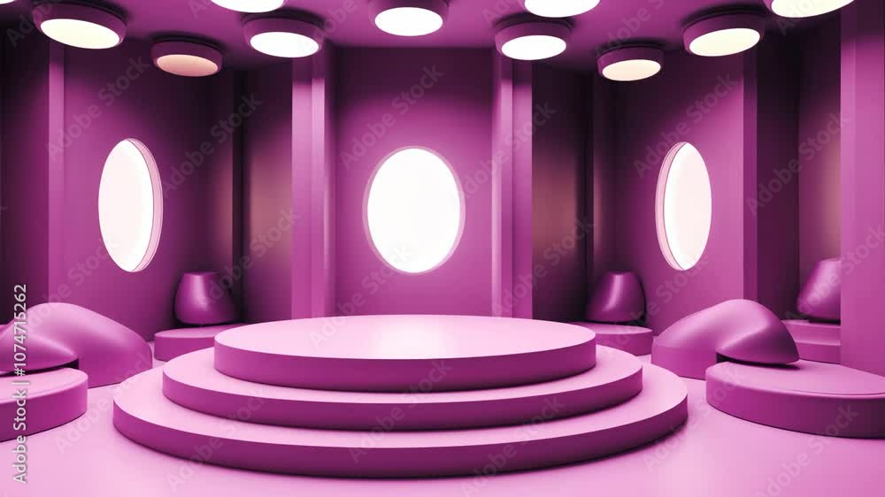 Poster a circular stage with three steps sits in the middle of a purple room with oval windows and soft lig