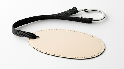 Elegant and minimalist oval tag with a smooth glossy surface and secure strap attachment perfect for refined branding labeling and product identification on various merchandise
