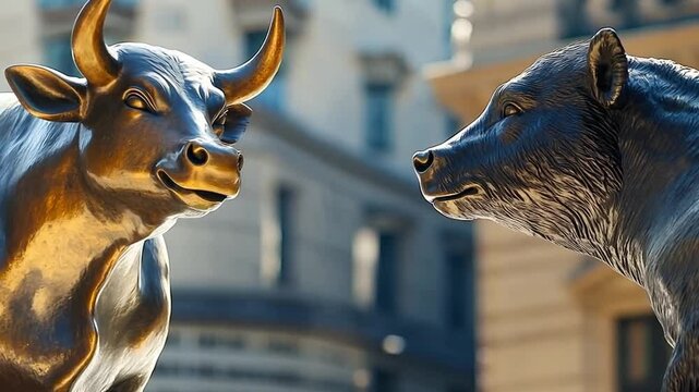 The famous bronze statues of a bull and a bear in front of the Stock Exchange building symbolize the opposing financial markets.