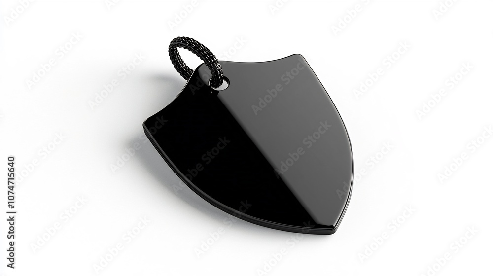 Fototapete Closeup photograph of a glossy shield shaped product label tag with a secure loop attachment positioned on a plain white background  Ideal for branding inventory management