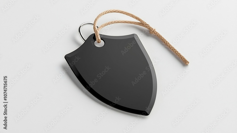 Poster Closeup of a glossy shield shaped tag with a strong loop attachment designed for secure labeling and positioning on a clean white background