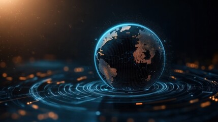 The future of globalization with a technological hologram earth in a blue digital circle glow