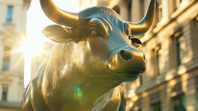 A powerful bronze sculpture of a bull near the financial exchange, representing a growing market and investor confidence. Its presence evokes a sense of strength and potential.