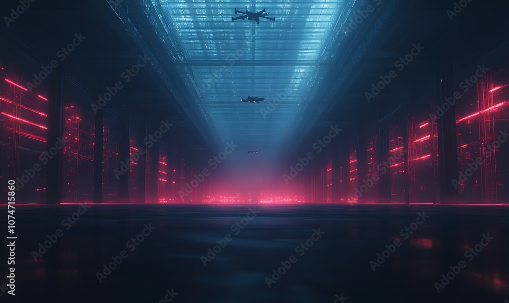 Aufkleber A futuristic, illuminated corridor with blue and pink lighting, featuring a misty atmosphere and high-tech vibes, creating a cyberpunk aesthetic.