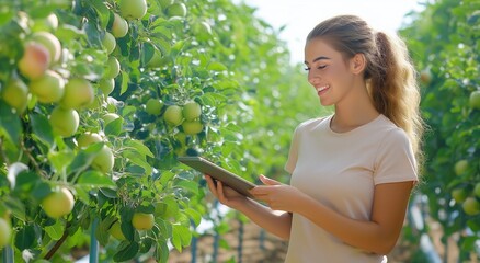 Female agricultural worker with a tablet examining apple plants in a greenhouse, focusing on smart technology for optimized crop health and sustainable horticultural practices.