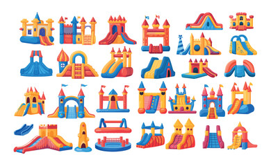 Fototapeta premium Inflatable castles cartoon vector set. Trampolines slides children pneumatic fortress, kid fun activity recreation playgrounds attractions stuff, illustrations isolated on white background