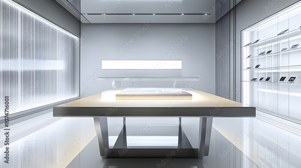 Poster 64. a modern, sleek electronics store with a polished display table and an empty section to showcase