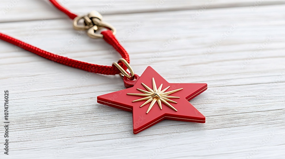 Poster Sleek and sophisticated eight pointed star tag with a smooth red base and shimmering gold accents standing alone against a clean white background  This premium