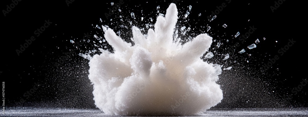 Poster dynamic explosion of ice crystals against a black background creating a stunning visual impact with 