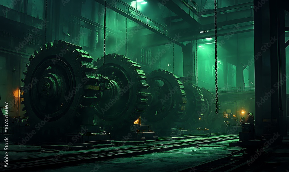 Poster a dimly lit industrial setting showcasing large, intricate gears and chains, enveloped in an atmosph