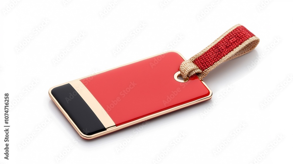 Aufkleber luxurious rectangular tag in vibrant red and gold color with a glossy surface and reinforced strap d