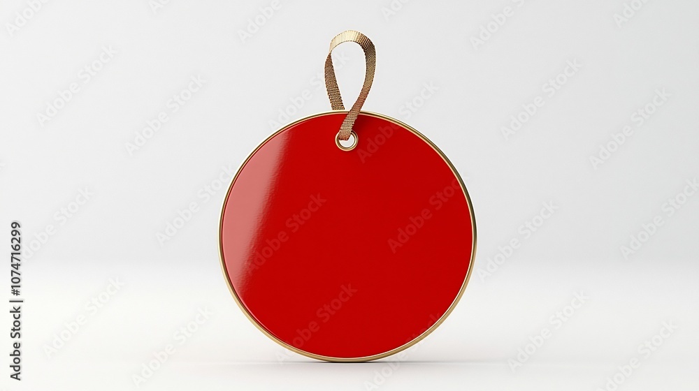 Poster Vibrant red circular tag with smooth gold edges and a secure strap perfect for labeling and branding luxurious gifts showcased against a clean white backdrop for a premium high end aesthetic