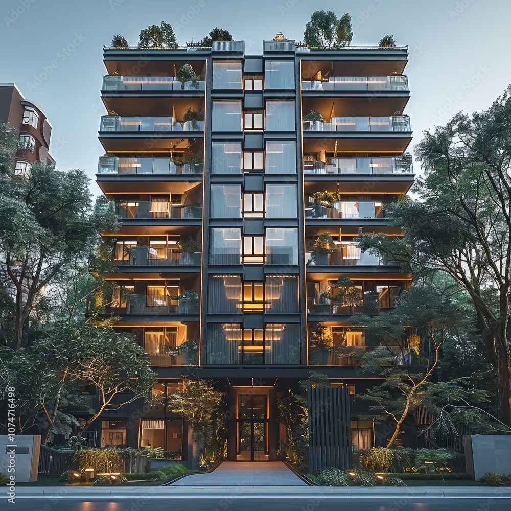 Aufkleber The exterior front elevation of an apartment building in a modern style, with high floor heights and multiple balconies, A modern architectural design and trees behind it.