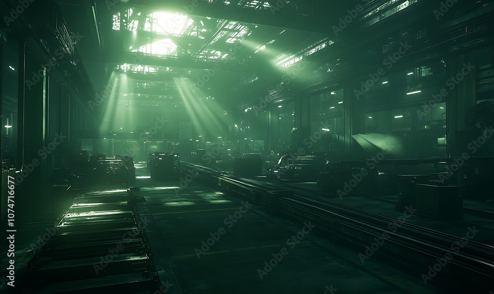 Poster a dimly lit industrial space with beams of light filtering through, creating an atmosphere of myster