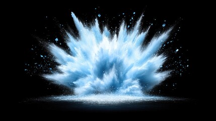 Dynamic explosion of ice shards in a striking blue and white display against a black background, showcasing high-resolution detail