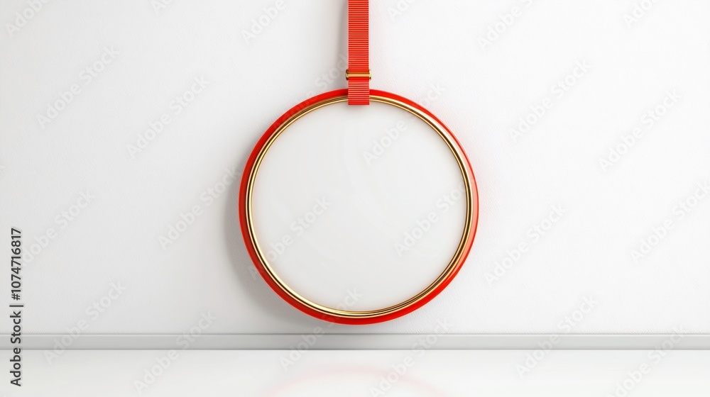 Leinwandbilder of a circular red and gold metal badge or label with smooth surface and secure strap ideal for brand