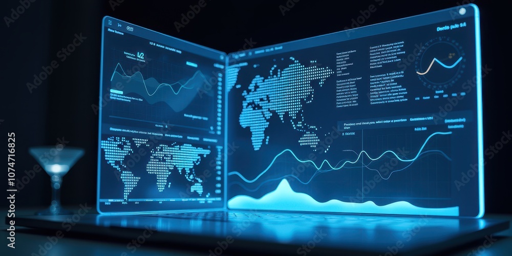 Poster futuristic dashboard with data visualizations and charts