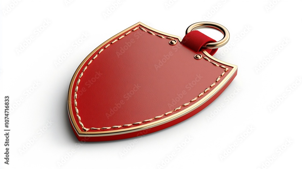 Fototapete Sophisticated red and golden branded tag with sleek finish and sturdy strap for secure attachment ideal for branding and premium product display on white background