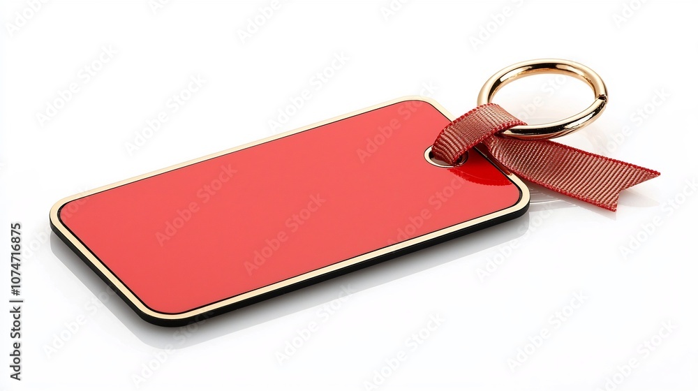 Poster rectangular red and gold metallic luxury tag with ribbon edges and secure strap against a clean whit