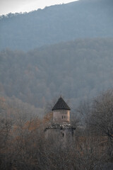 Old church in the forest. Temple in the fog. Old Armenian monastery Goshavank. Church print set. Monastery wall art