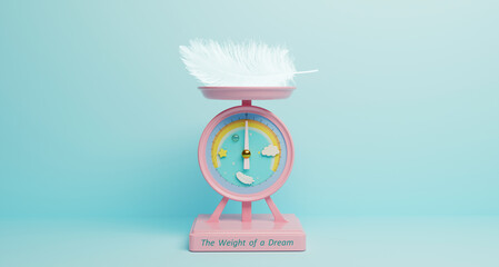 3D illustration of a pink toy scales with a feather