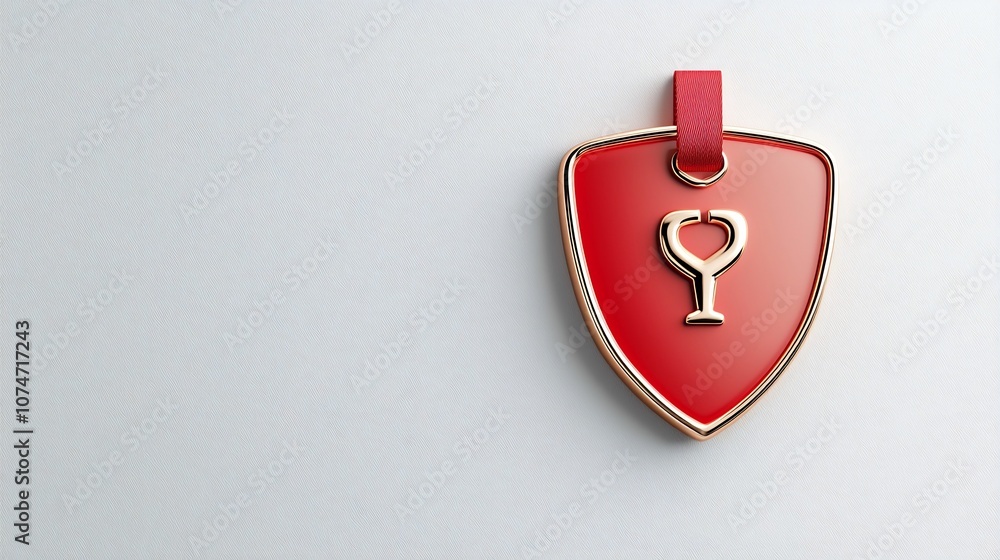 Poster elegant shield shaped of a red and gold badge with a smooth metallic texture and a reinforced loop s