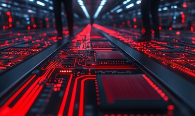 A futuristic scene featuring glowing red circuitry lines on a dark floor, likely depicting a high-tech data center or digital environment.