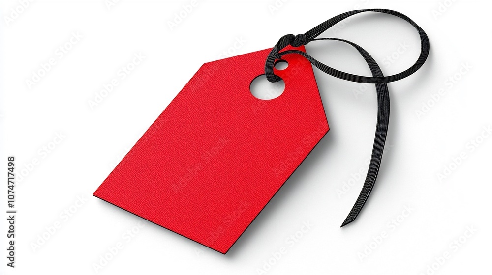 Poster sleek and elegant art design of a red price tag with a black strap punched through a corner hole on 