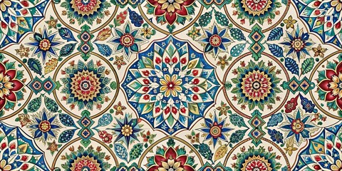 A vibrant, intricate pattern of stylized floral motifs in shades of blue, red, and yellow, arranged in a repeating geometric design.