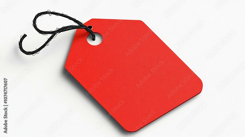 Aufkleber detailed of a red rectangular tag with rounded corners on one side and a black string through a corn