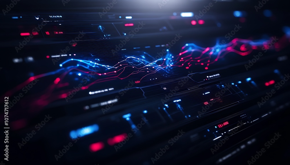 Aufkleber a futuristic digital landscape featuring vibrant blue and red data visualizations intertwined in a w