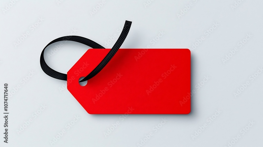 Poster minimalistic red tag with rounded corners and black strap through a punched hole on smooth textured 