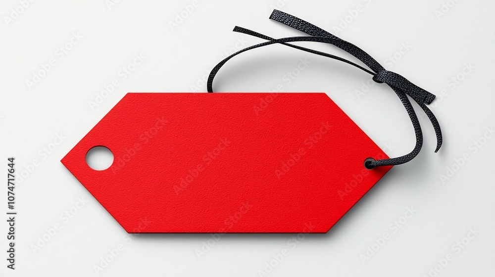 Poster minimalistic red tag with rounded corners and a black strap through a punched hole featuring a smoot