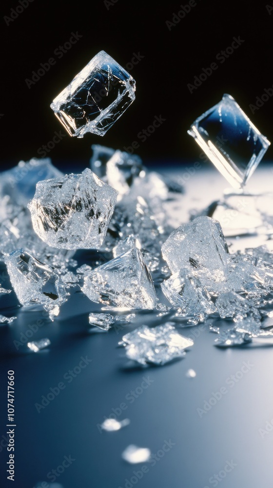 Poster dynamic explosion of white ice particles in a cosmic backdrop with blue and black tones and sharp ed