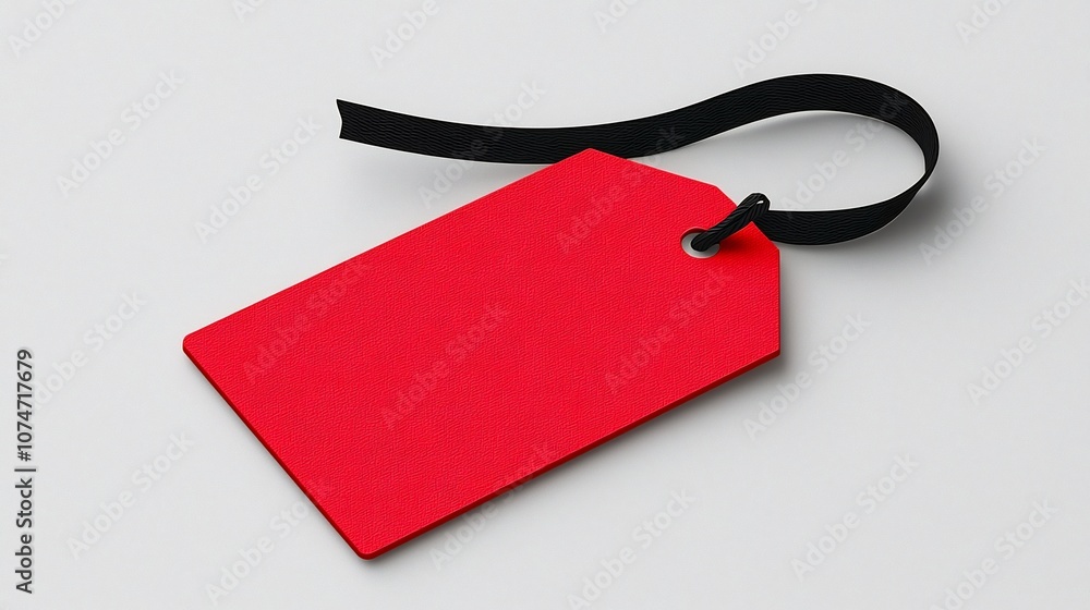 Poster Stylish red product tag with rounded corner and black strap attachment perfect for labeling merchandise retail packaging and ecommerce applications  Smooth finish isolated on white background