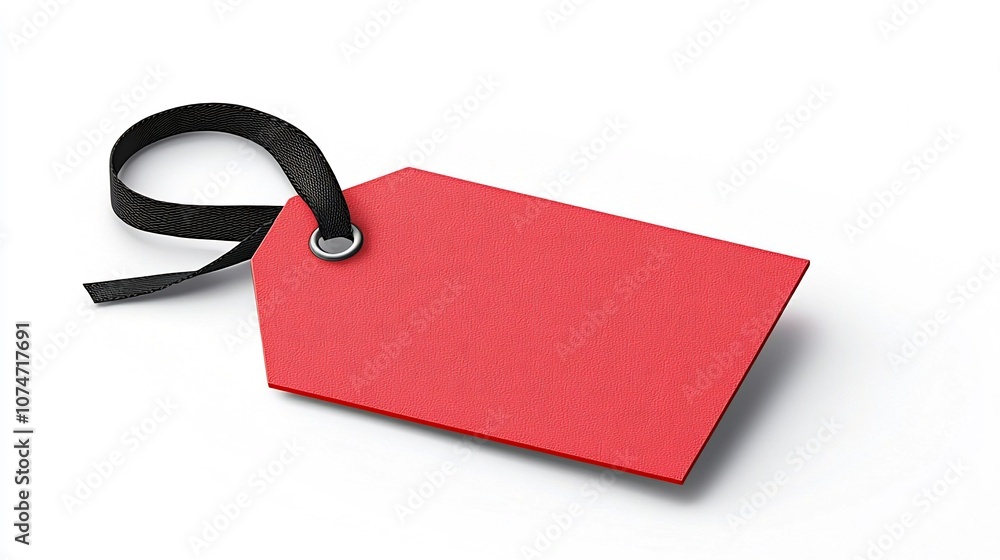 Poster of a red rectangular product tag with rounded corners smooth finish and a black strap attached throu