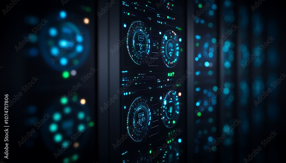 Poster a close-up view of illuminated server components, showcasing vibrant blue lights and intricate circu