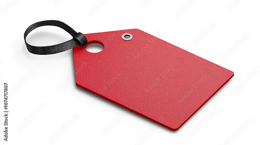 Poster detailed of a red product price tag with a polished rounded surface and a black strap through a corn