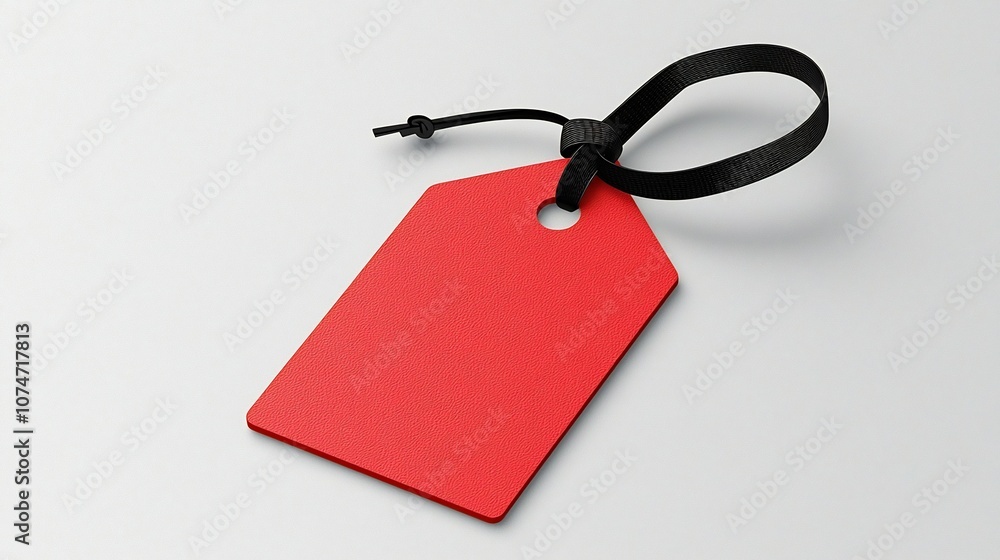 Poster red rectangular tag with rounded corner and black strap passing through a hole smooth finish suitabl