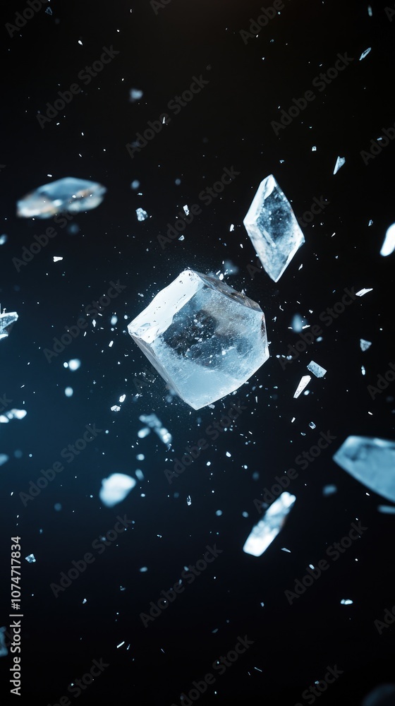 Poster explosive ice particles burst in dynamic display against a cosmic backdrop of blue and black tones