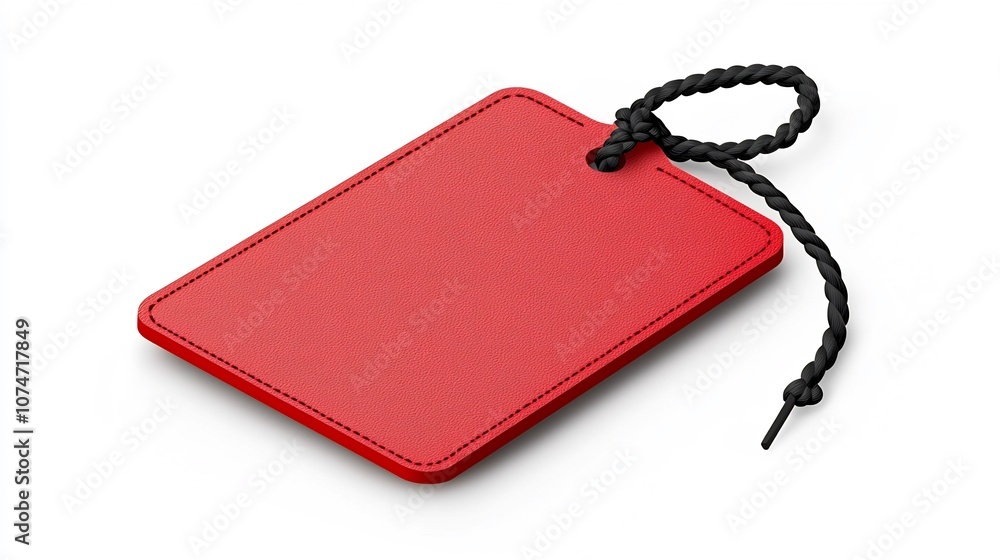 Fototapete minimalist of a simple red rectangular tag with rounded edges and a black cord threaded through a co