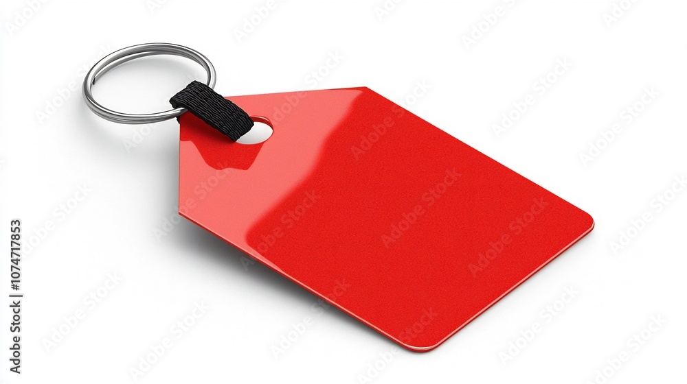Leinwandbilder of a red product tag with a polished surface rounded on one side with a black strap through a corner