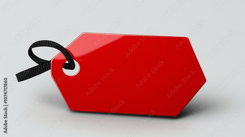Aufkleber Detailed depicting a red product tag with a polished rounded surface and a black strap through a corner hole isolated on a clean white background perfect for price marking retail displays