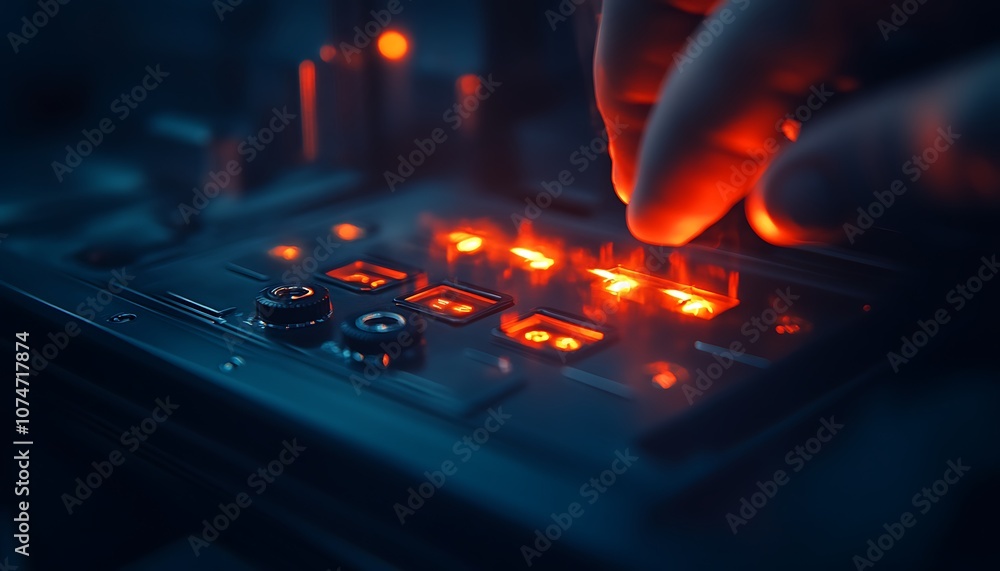 Fototapete a close-up of a hand adjusting illuminated buttons on a machine, highlighting a tech-savvy environme