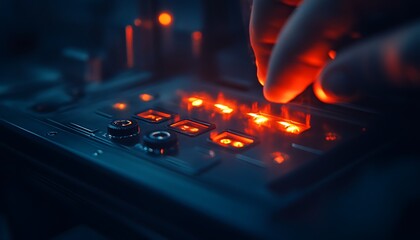 A close-up of a hand adjusting illuminated buttons on a machine, highlighting a tech-savvy environment with vibrant red lights.