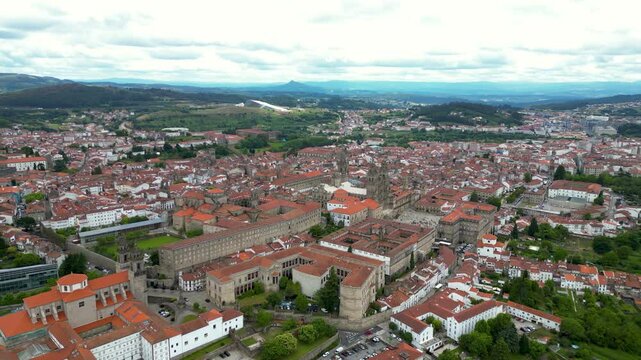 Panoramic aerial view of Santiago de Compostela city. Cathedral of Santiago. The cathedral is the reputed burial place of Saint James the Great, one of the apostles of Jesus Christ. Travel destination