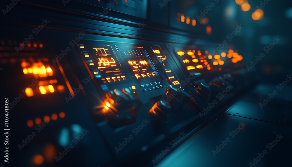 Poster a futuristic control panel with glowing buttons and screens, illuminated in a dark, atmospheric sett