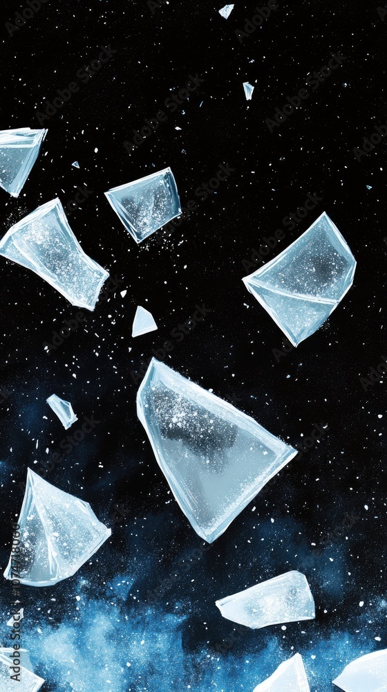 Poster abstract explosion of ice particles creating a dynamic blue and black cosmic background with sharp e