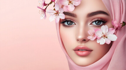 Fototapeta premium Beautiful young muslim woman with flowers and petals on her face. Beauty parlor horizontal banner concept, copyspace Pink background. 