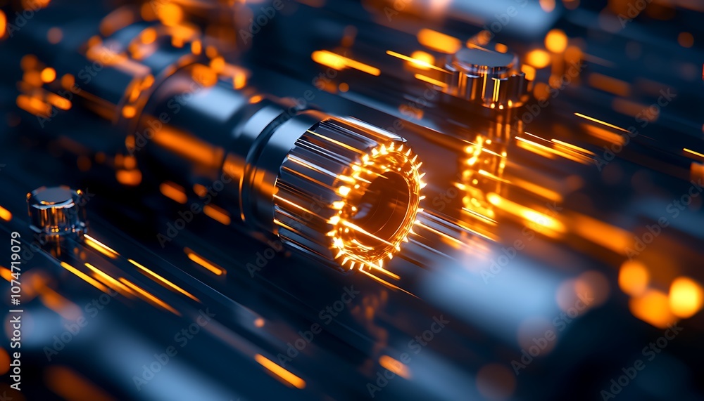 Leinwandbilder A close-up view of intricate mechanical components with glowing effects, showcasing a blend of technology and artistry in a dimly lit environment.